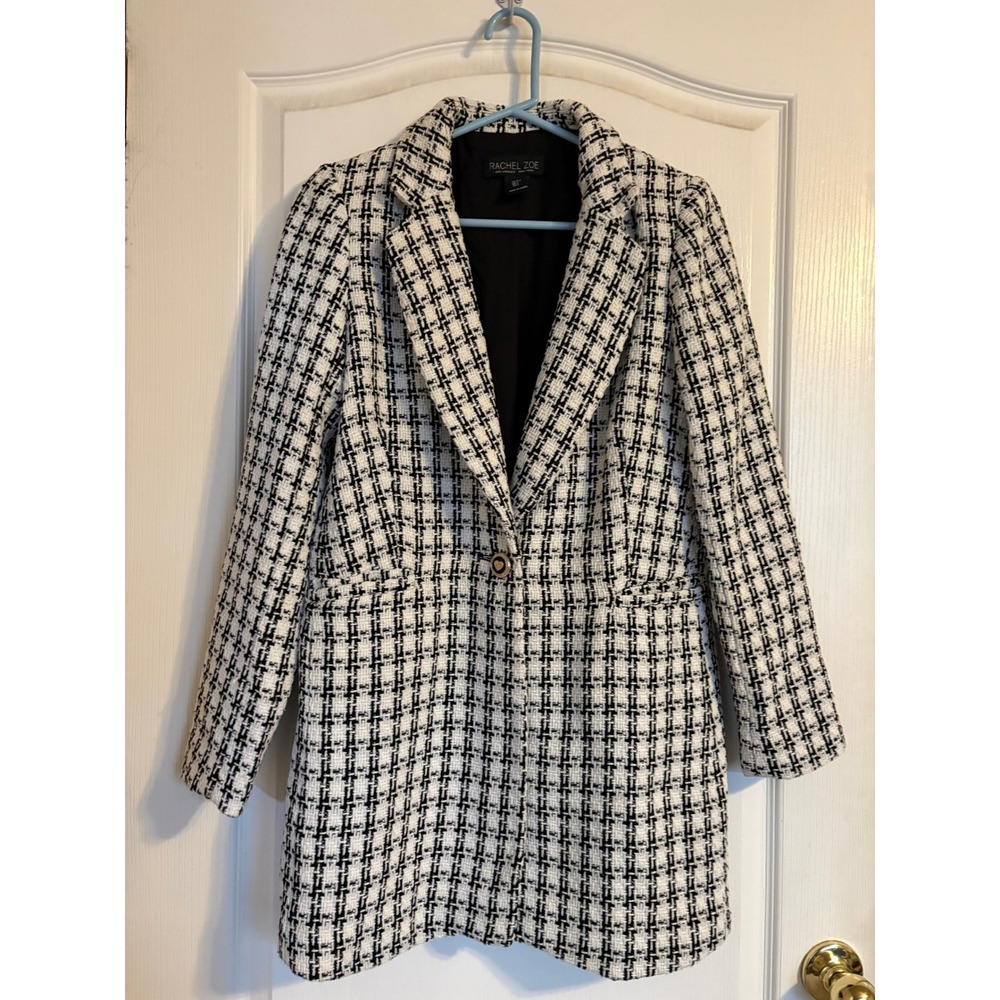 Rachel Zoe Womens Black White Tweed Longline Blazer Jacket Heart Button Size S